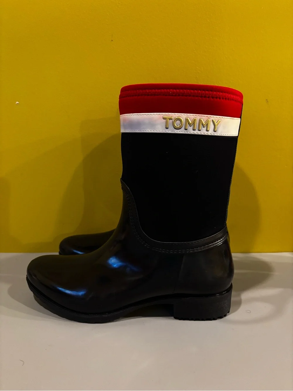Tommy Hilfiger Black Rain Boot with Red & White Accent(HH)